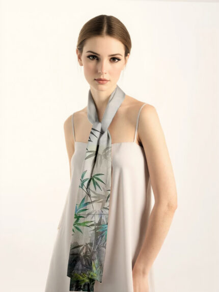 Silk double crepe traditional Chinese painting small long scarf 145x35cm